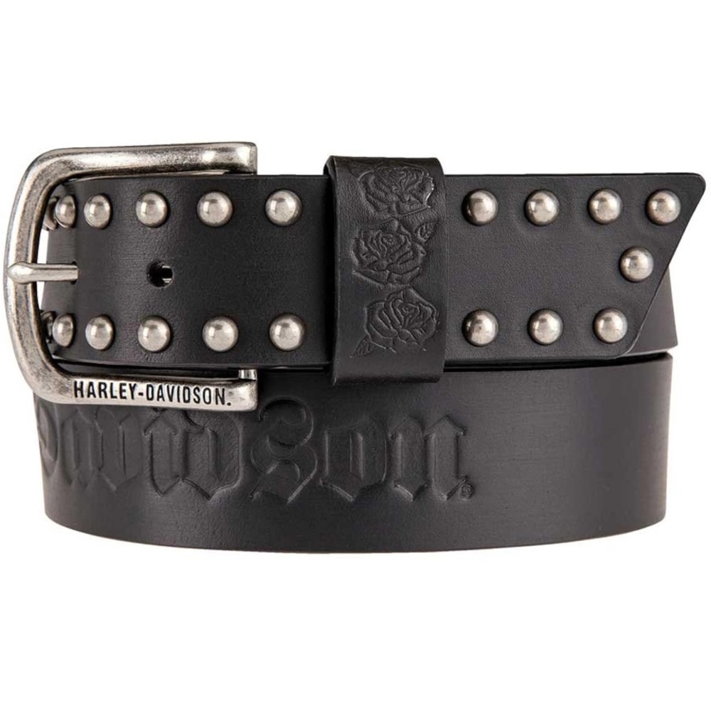 Harley-Davidson Black Leather Studded Belt with Embossed Rose Detail